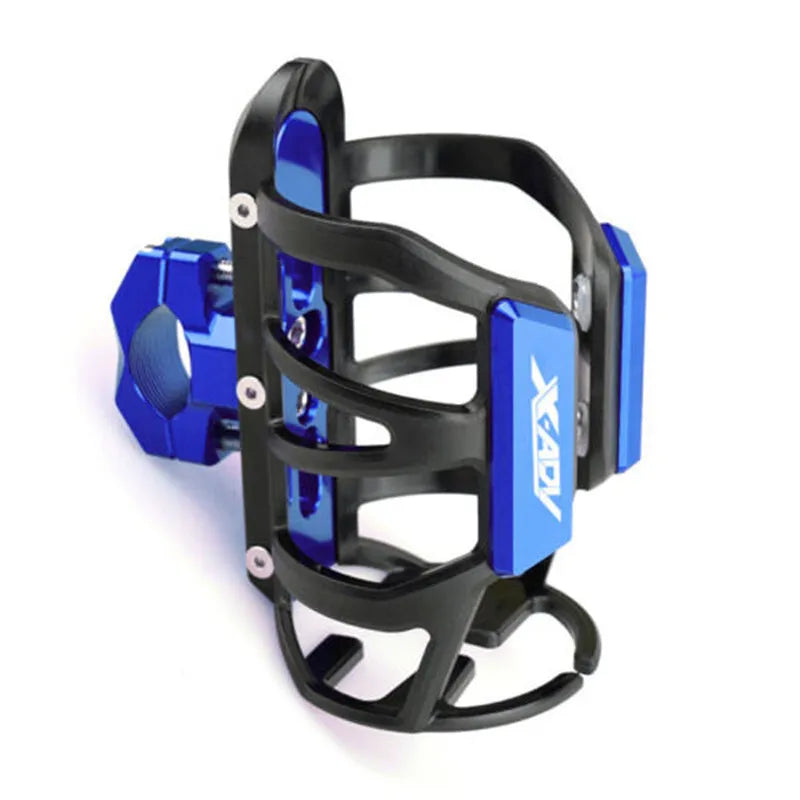 Modified black water bottle cage for Honda X-ADV scooter on handlebars.