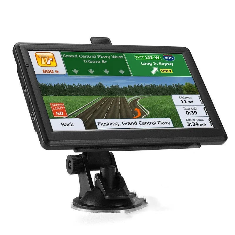 7 inch car GPS navigation device with touch screen on a bracket, next to a car charger.