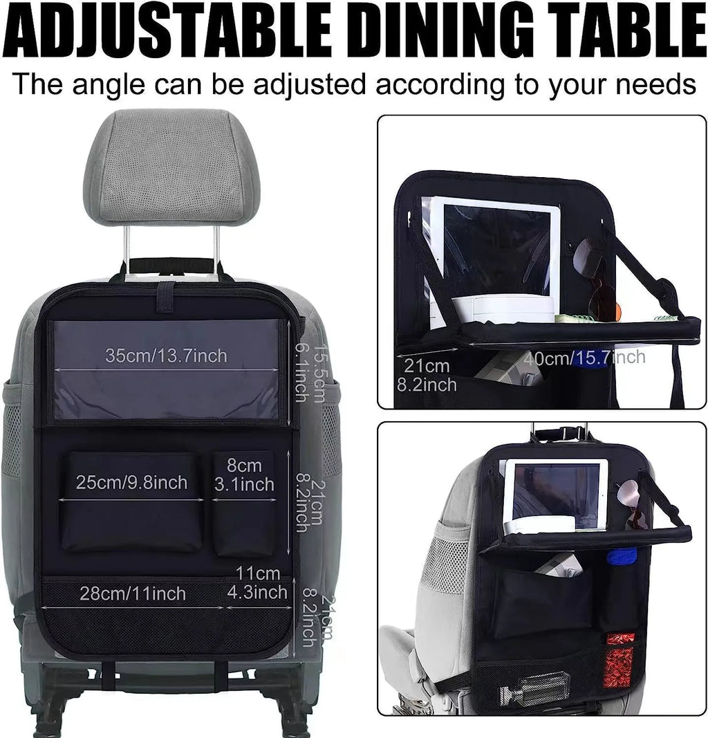 Black oxford cloth car seat back storage bag with hanging straps for organisation.