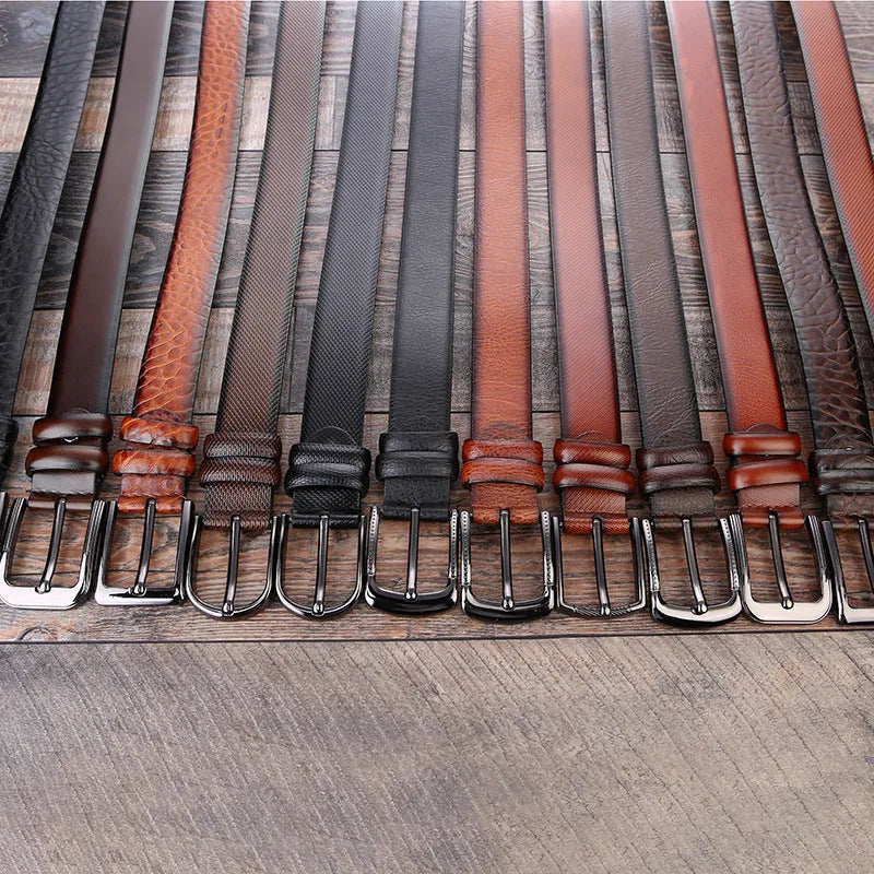 Men's business belt with laser logo detail, alloy pin buckle, and imitation leather strap showing pattern design options