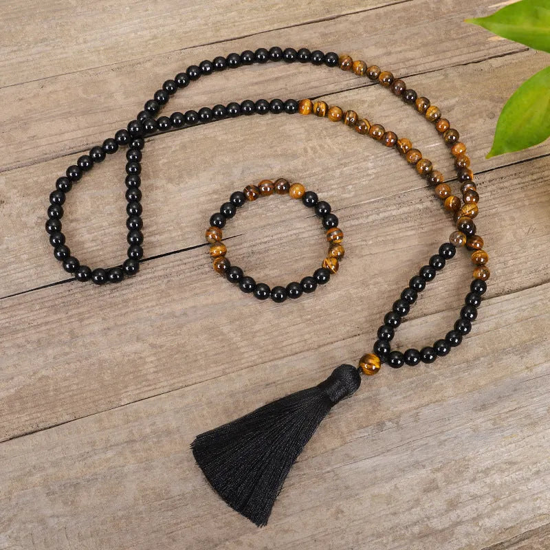 Tiger eye stone tassel pendant on ball bead chain necklace bracelet with drop shape design