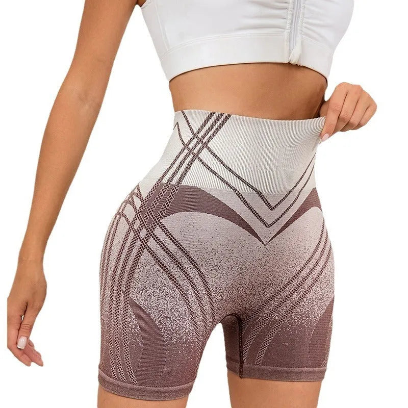 Women's high-waisted gradient fitness shorts in brown and black colours for yoga and running