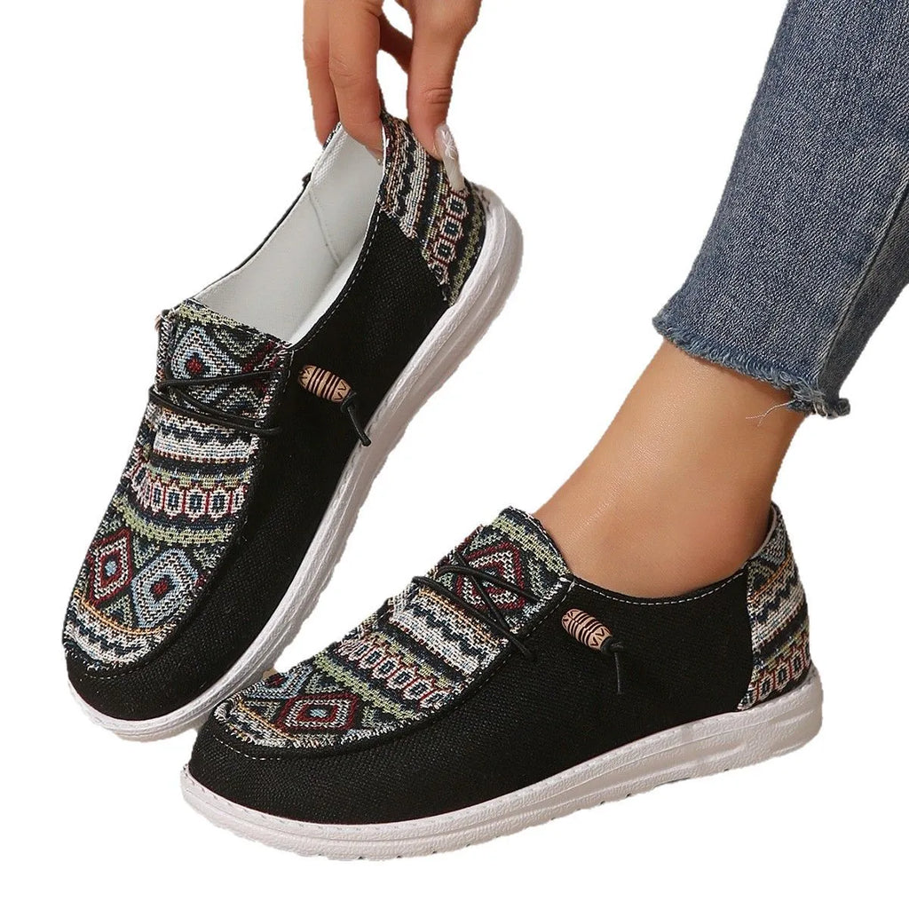 Women's flat round toe low-top shoes in black, dark gray, and khaki colours with artificial PU uppers