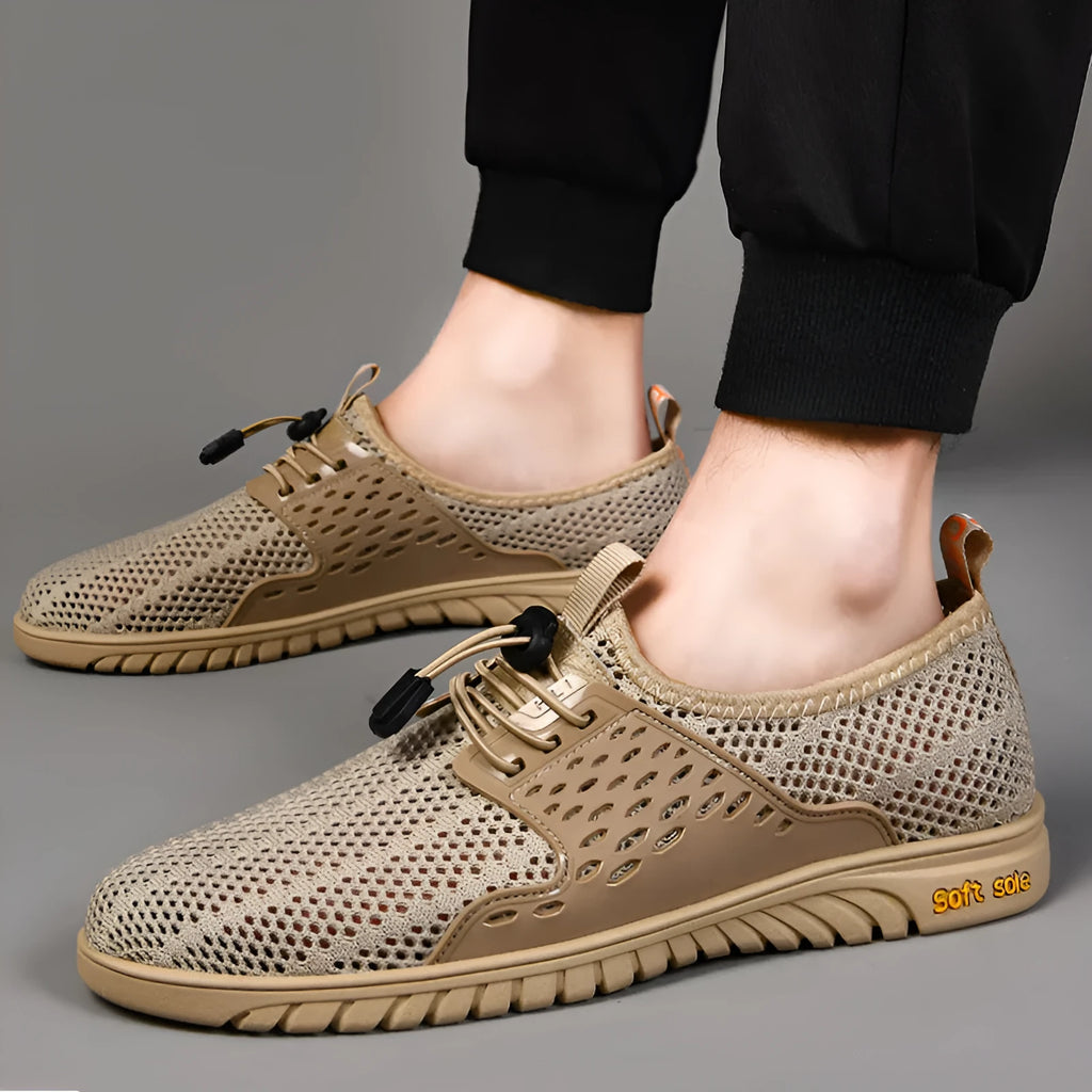 Men's breathable mesh casual sports shoes in black, grey and sand colours with elastic band and rubber sole