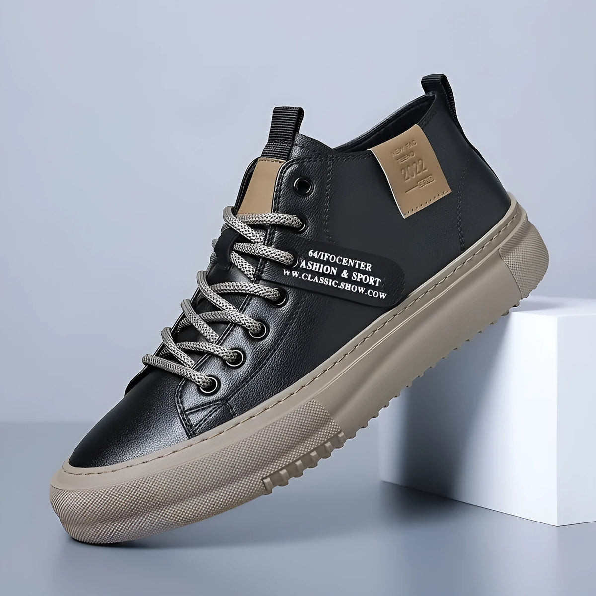 Men's middle top leather lace-up casual shoes with rubber sole, round toe and flat heel, in black or white
