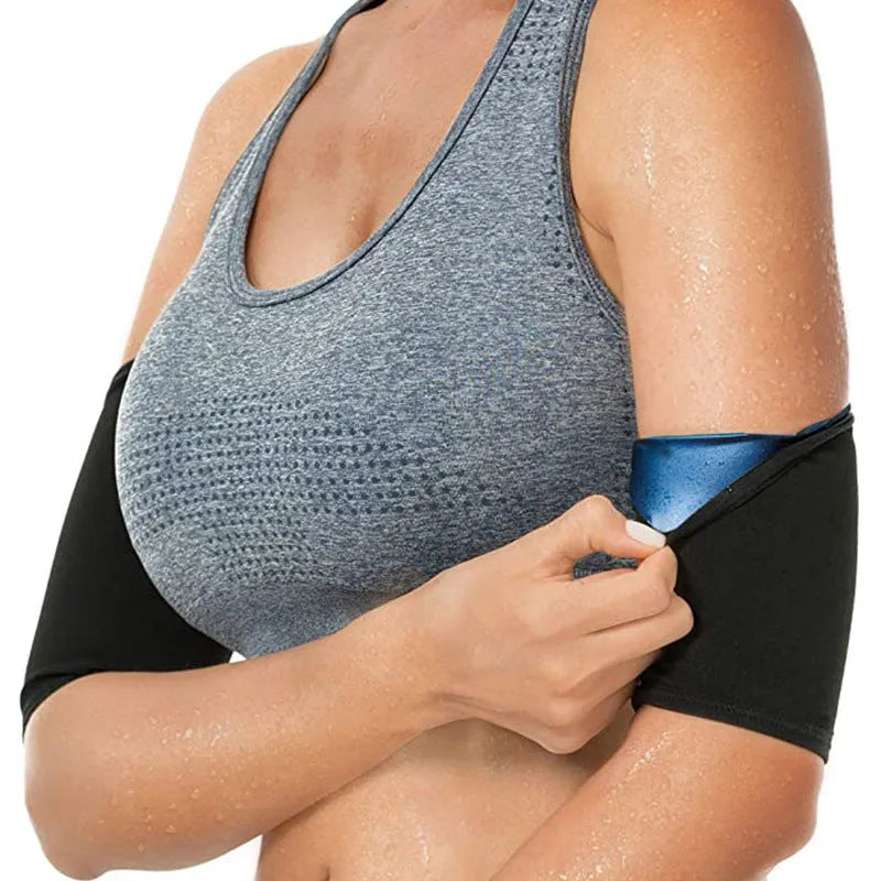 Adjustable arm sweatband with hook-and-loop strap in blue, shown on an arm during exercise.