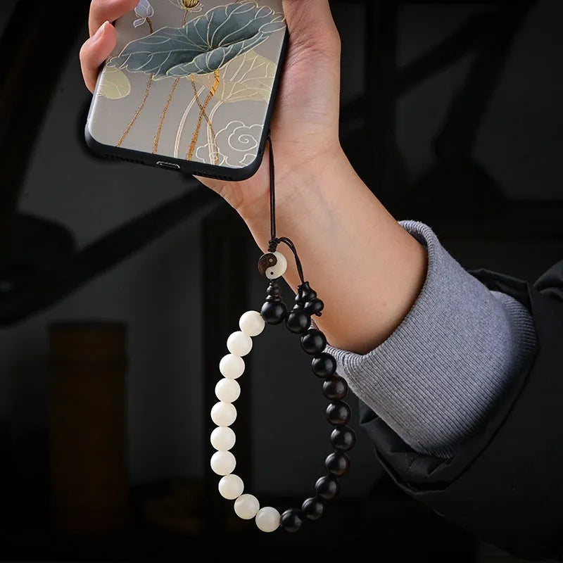 Handcrafted Bodhi bracelet with White Corypha and Blackwood eight-diagram beads