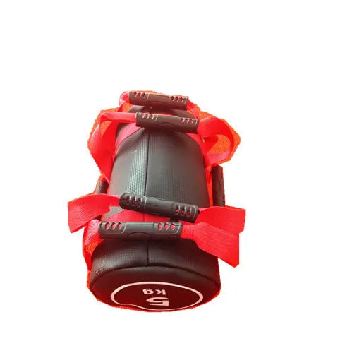 White PVC fitness sandbag for weight training, shown with weight options from 5 to 30 kilograms.