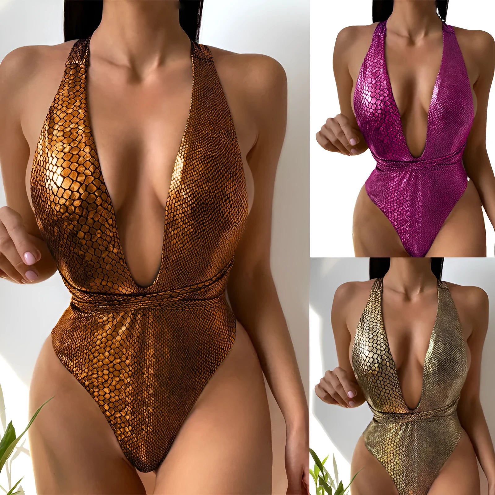 Women's rose red sequin one-piece swimsuit on a mannequin, showing glittering detail.