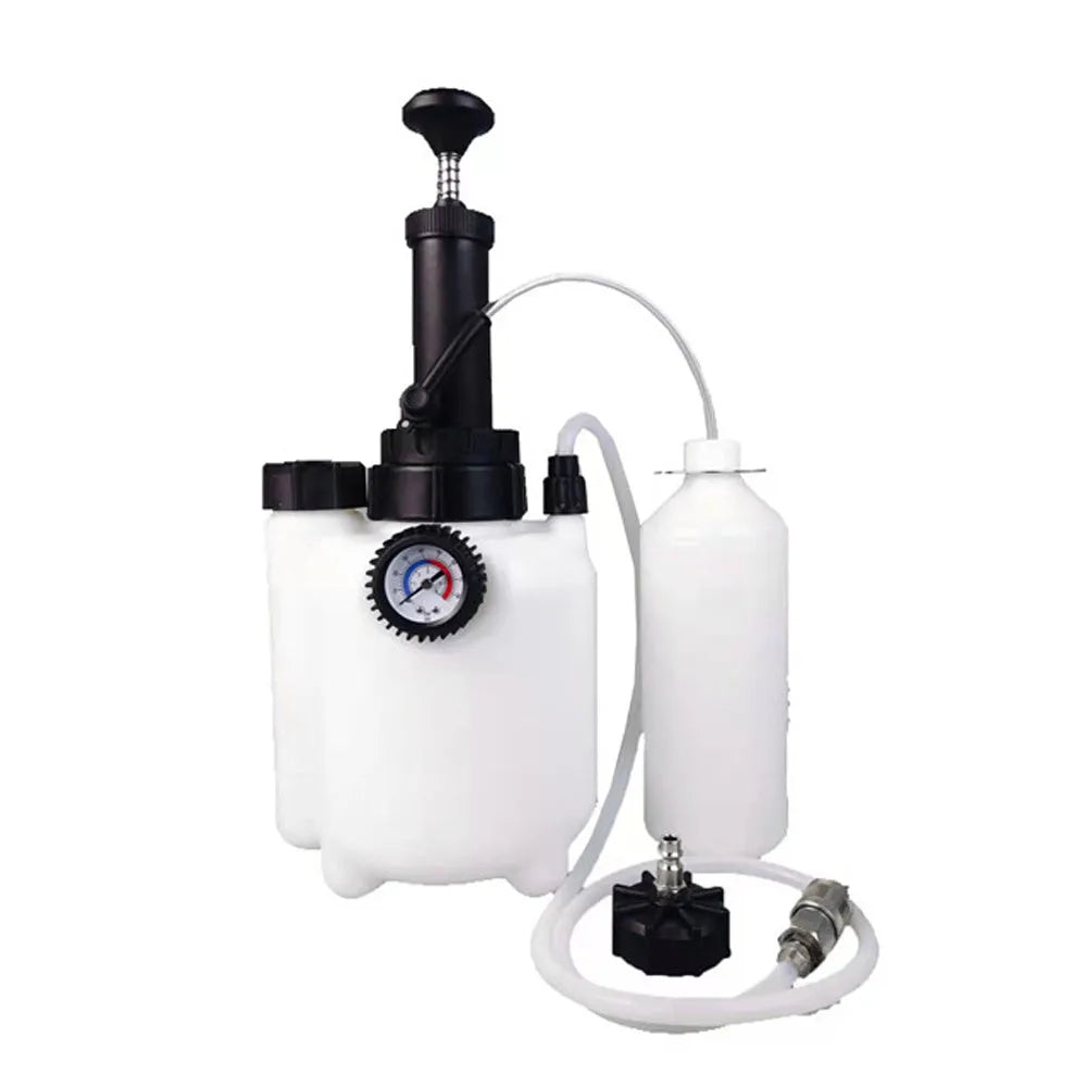 3-litre white plastic brake fluid reservoir tank with copper pump and iron fittings for car maintenance.