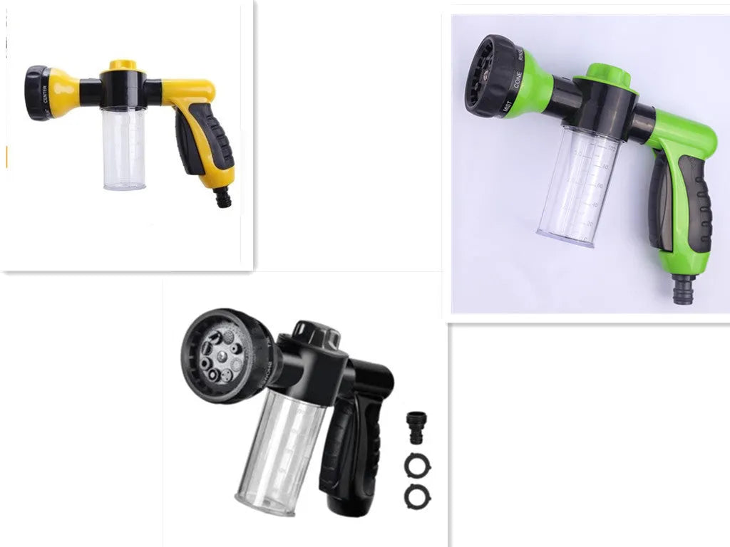 Green high-pressure foam spray gun with adjustable nozzle and attached water hose for car and garden cleaning.