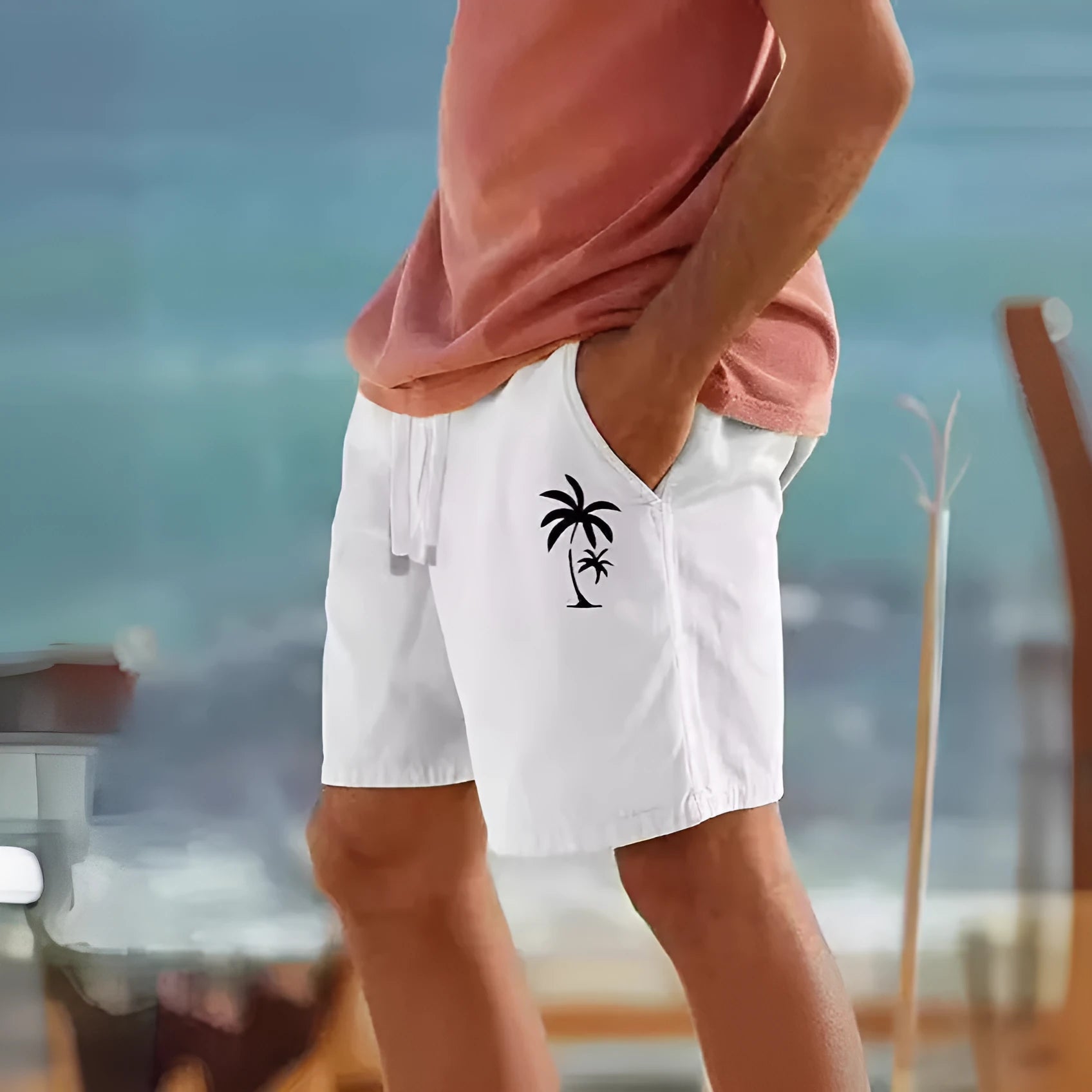 Men's straight-leg drawstring shorts in cotton blend fabric with elastic waistband