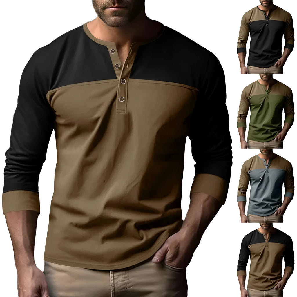 Man wearing a long-sleeve henley collar casual shirt in a solid colour with textured beaded twill fabric.