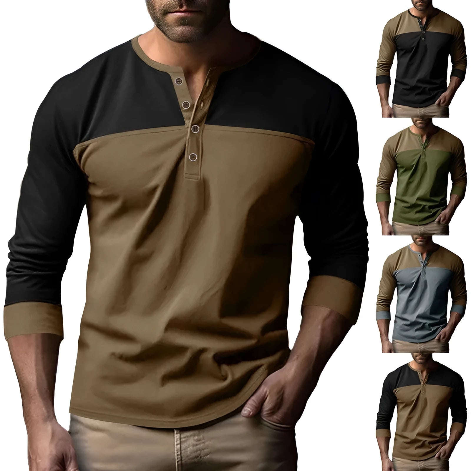 Man wearing a long-sleeve henley collar casual shirt in a solid colour with textured beaded twill fabric.