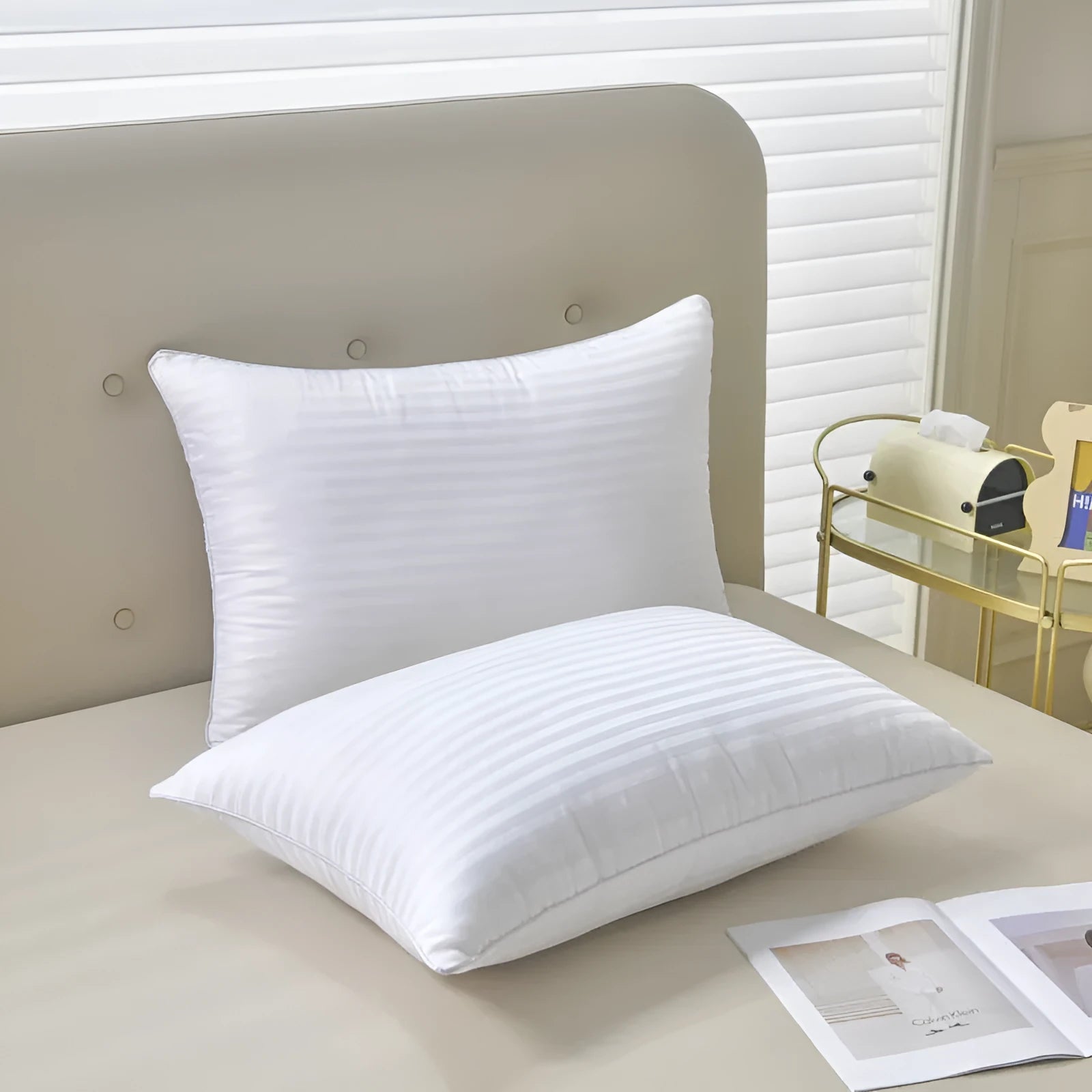 White hotel pillow with satin stripe or plain cotton cover, shown in 45x65cm, 48x74cm, and 50x80cm sizes.