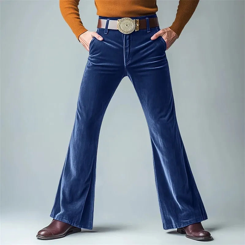 Men's slim flared trousers in gold velvet fabric, shown in multiple colours including black, blue, and dark red.