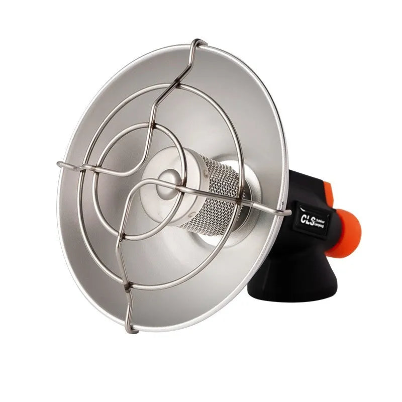Black and orange portable outdoor heating stove with automatic ignition for camping.