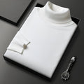 Men's slim-fit solid colour turtleneck pullover sweater in camel, front view, chemical fibre blend non-iron winter knitwear