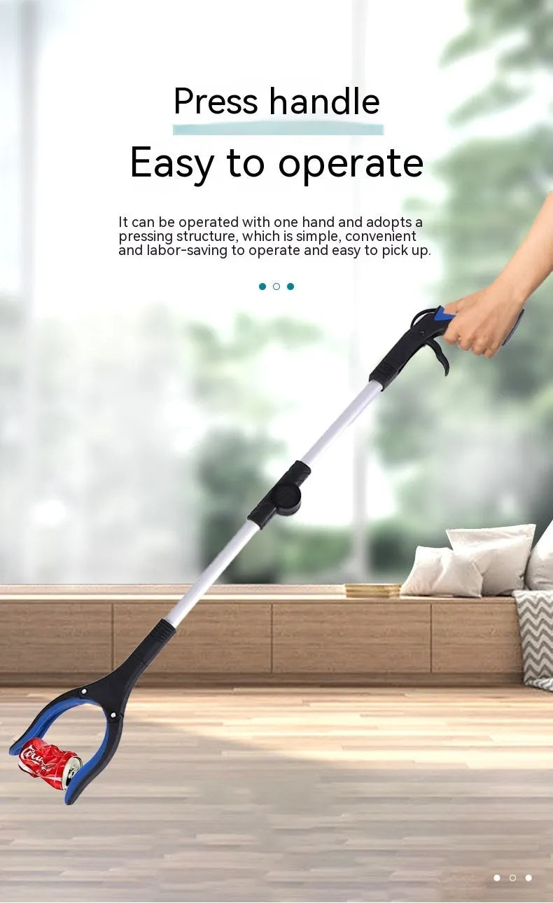 Foldable aluminium garbage pick-up clamp with extended pincers and a coloured handle, shown next to its magnet sucker attachment.