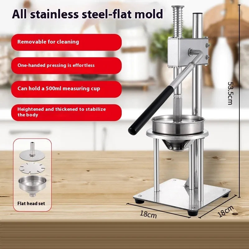 Stainless steel manual orange juicer with quick disassembly mechanism on a commercial countertop