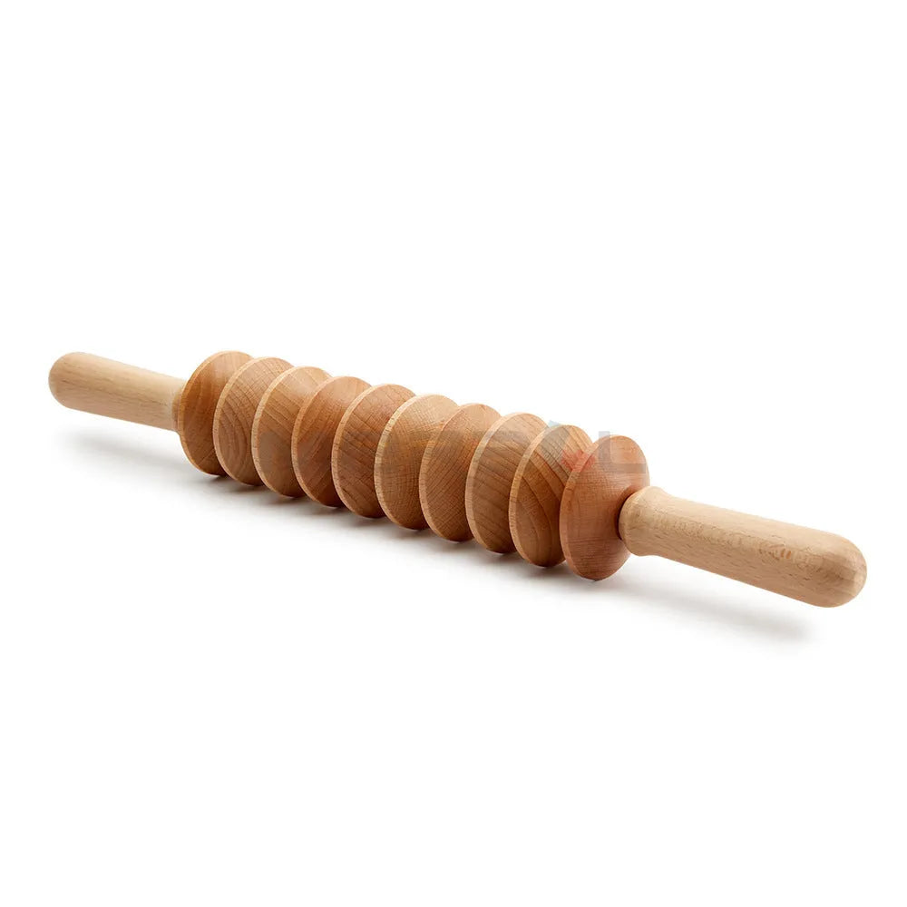 Natural beech wood massage roller set showing multiple shapes including T-type and wheel rollers.