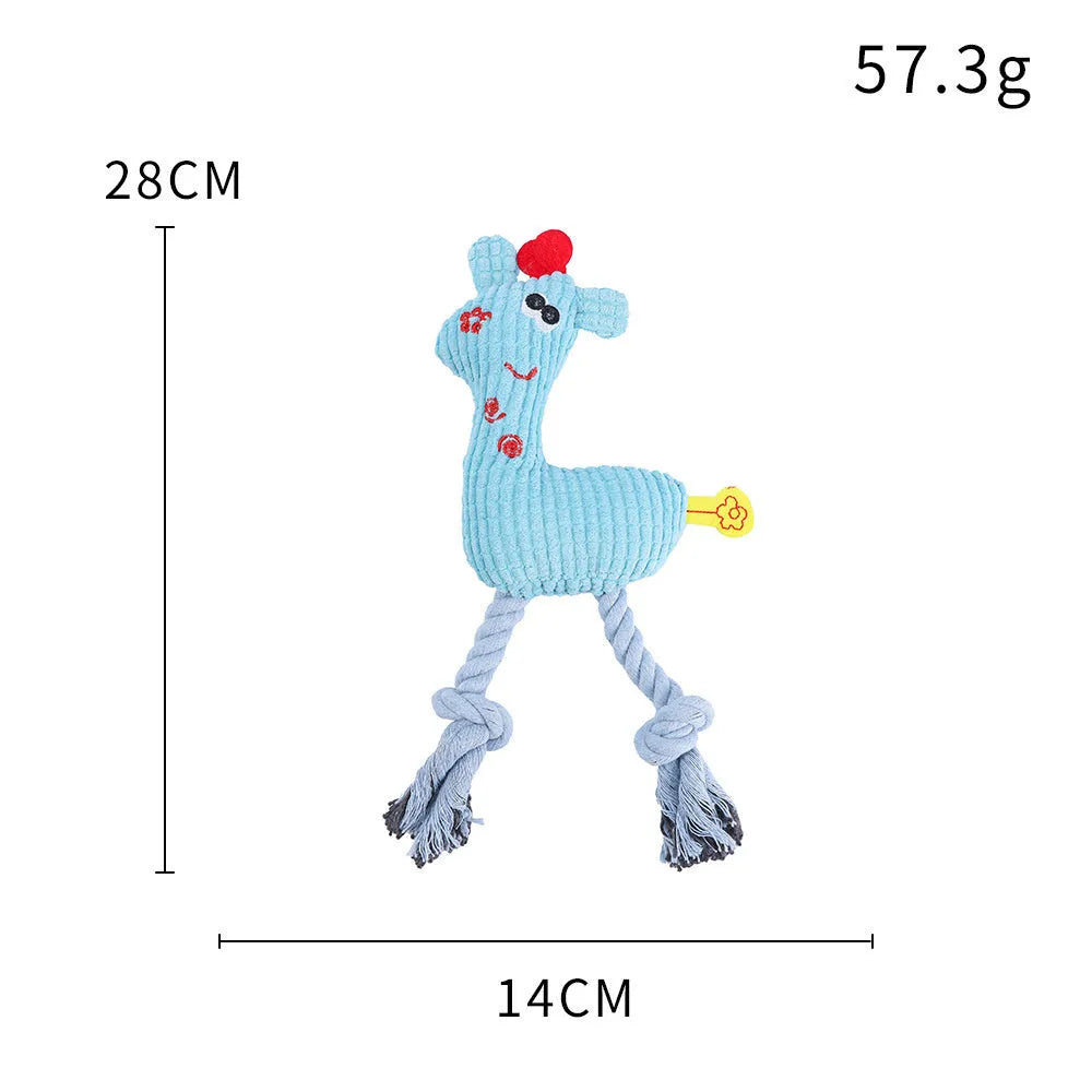 Blue deer-shaped plush dog toy with corn grain texture, shown next to a measuring tape indicating 24 cm length.