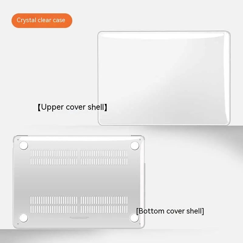 Hard plastic MacBook protective case shown in crystal transparent, black, frosted, and matte black finishes.