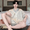 Men's ice silk pyjama cardigan set in artificial silk fabric with shorts, available in multiple satin jacquard patterns