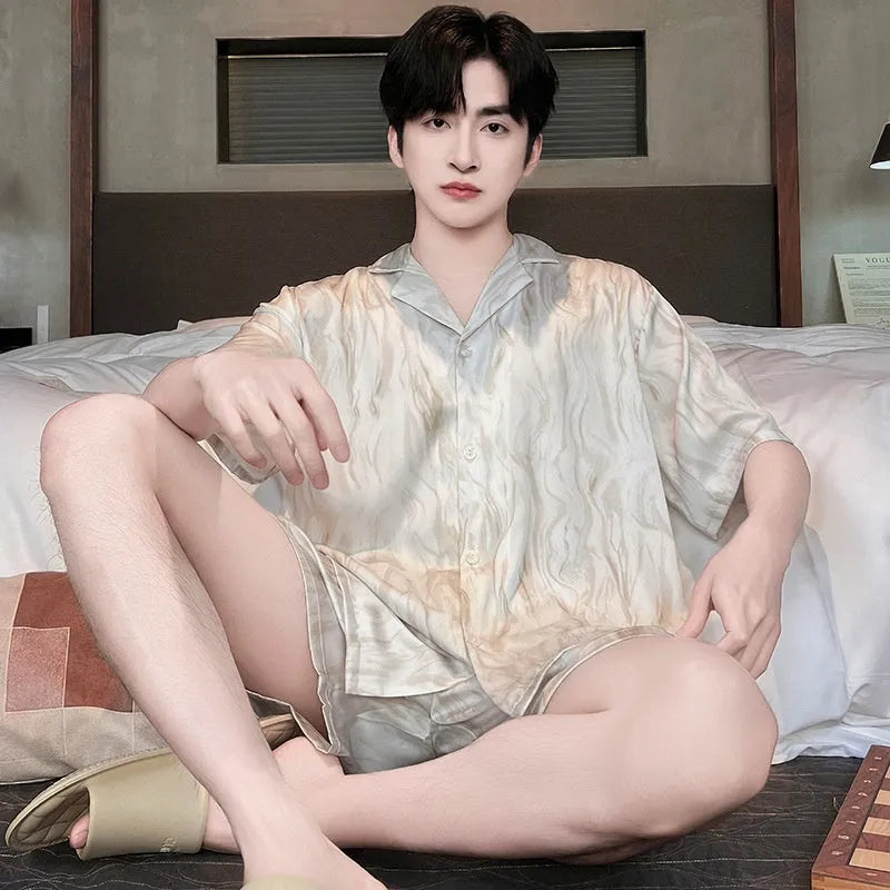 Men's ice silk pyjama cardigan set in artificial silk fabric with shorts, available in multiple satin jacquard patterns