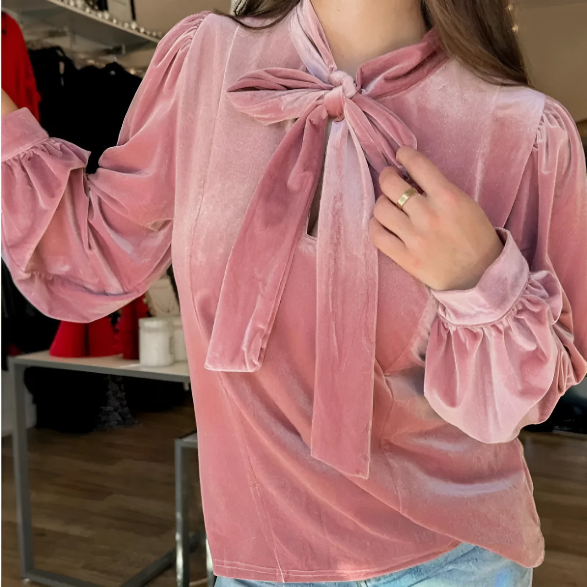 Fuchsia long sleeve blouse with velvet ribbon bow knot, 100% polyester pink top, sizes S M L XL