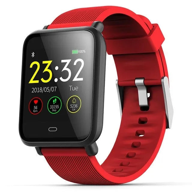 Q9 smart watch with 1.3 inch touch screen on silicone strap, black, showing heart rate display