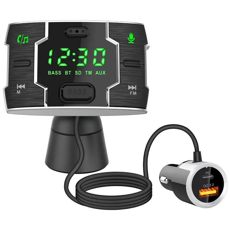 Black car FM transmitter music player with 1.2-inch display for Bluetooth streaming and MP3 playback