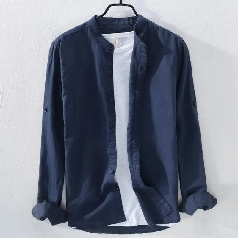 Loose fit casual long sleeve shirt in cotton linen blend fabric showing solid colour options