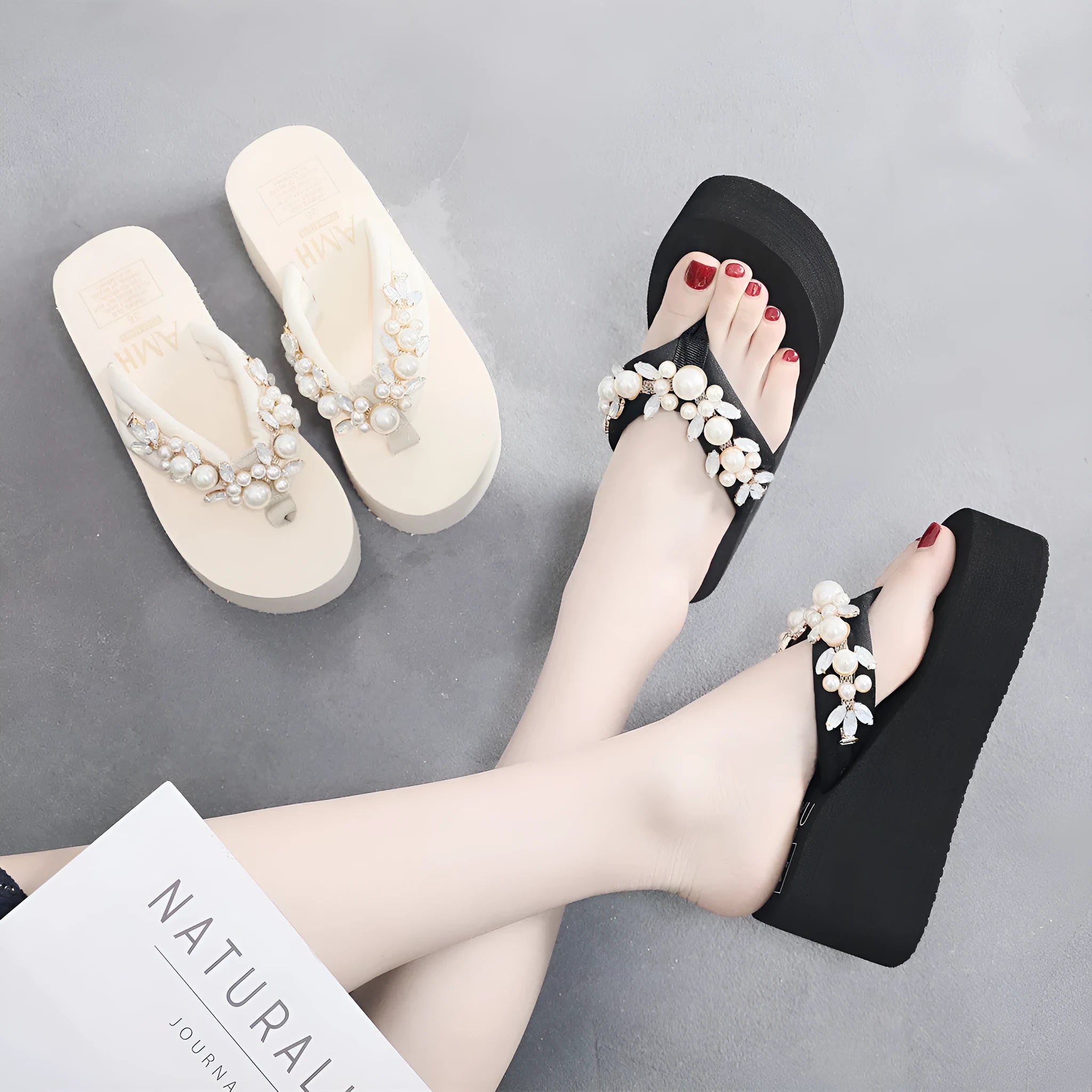 Women's high-heeled flip-flop in beige with a cotton cloth upper.