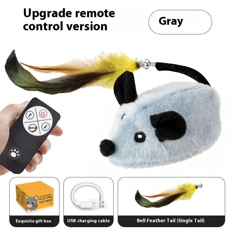 Interactive electric cat toy mouse with remote control and replaceable feather tails in grey and yellow options