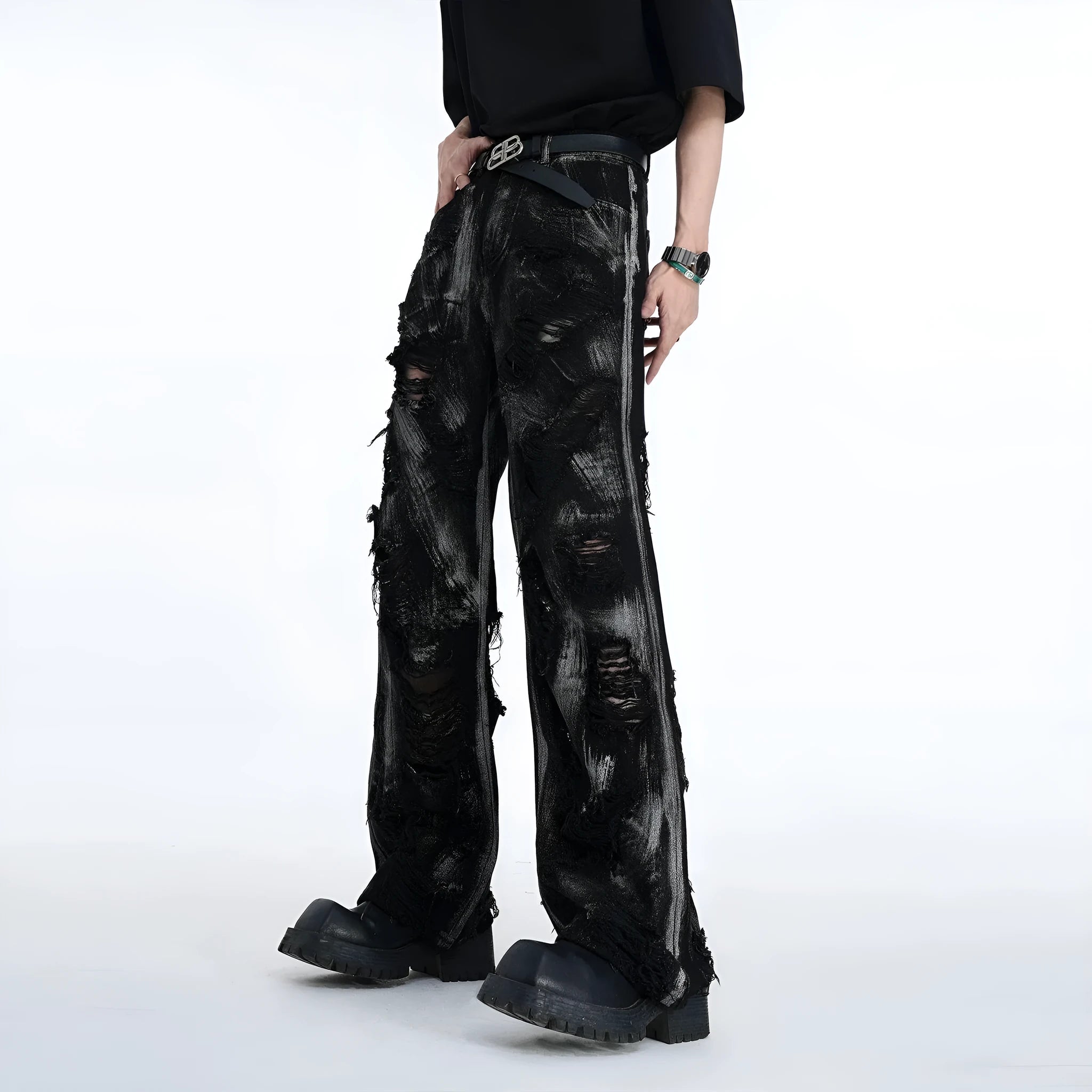 Men's washed graffiti style denim jeans in multiple colour combinations showing front and back views
