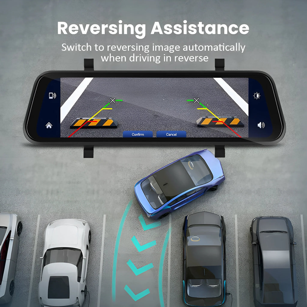 9.66-inch car dashboard camera and in-mirror video player system with wide-angle lens.