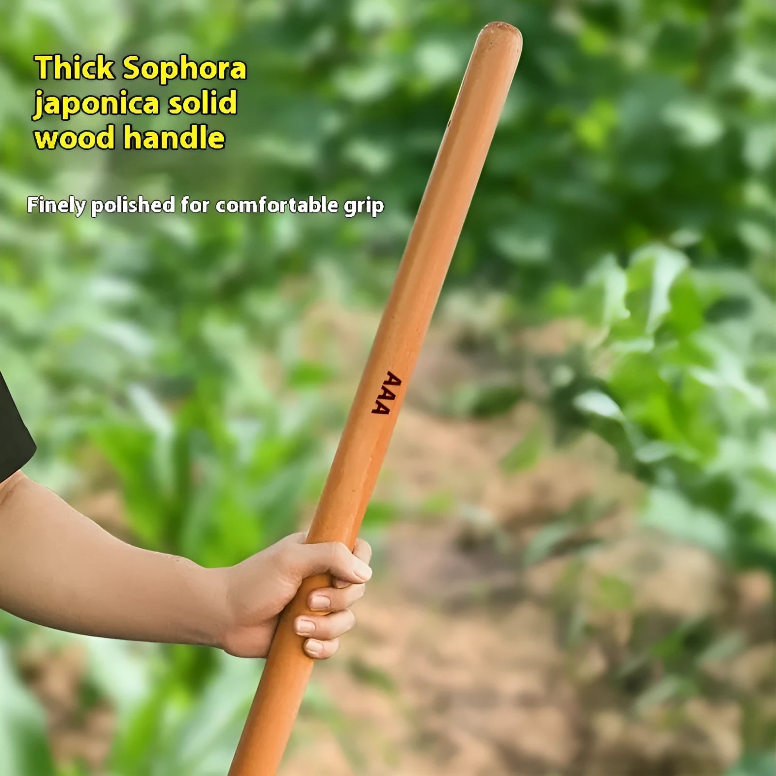 Locust wood replacement handles for axes, hoes, and sickles in various lengths on a neutral background.