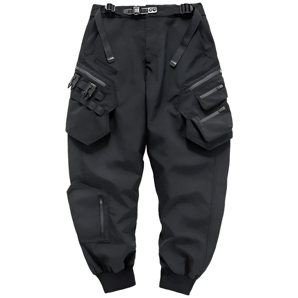 Black men's multi pocket parachute trousers, loose fit mid waist, 100% polyester wrinkle resistant, sizes M to 4XL