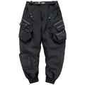 Black men's multi pocket parachute trousers, loose fit mid waist, 100% polyester wrinkle resistant, sizes M to 4XL