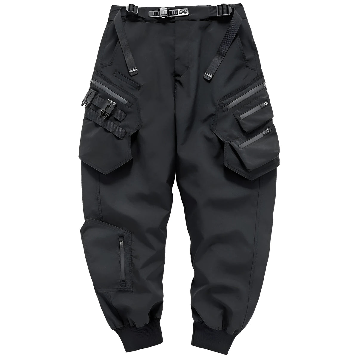 Black men's multi pocket parachute trousers, loose fit mid waist, 100% polyester wrinkle resistant, sizes M to 4XL