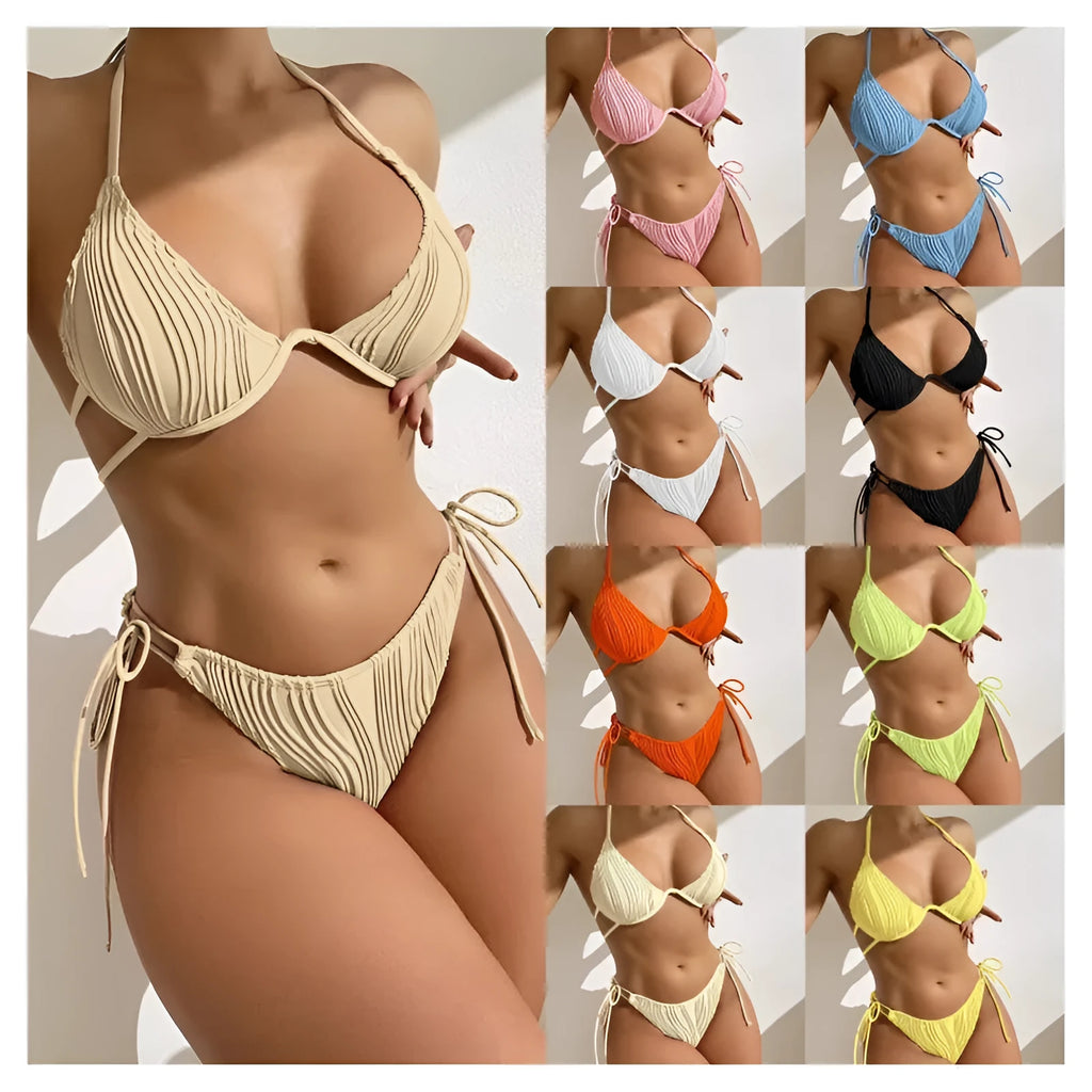 Women's apricot coloured bikini set with underwire cups and adjustable ties.