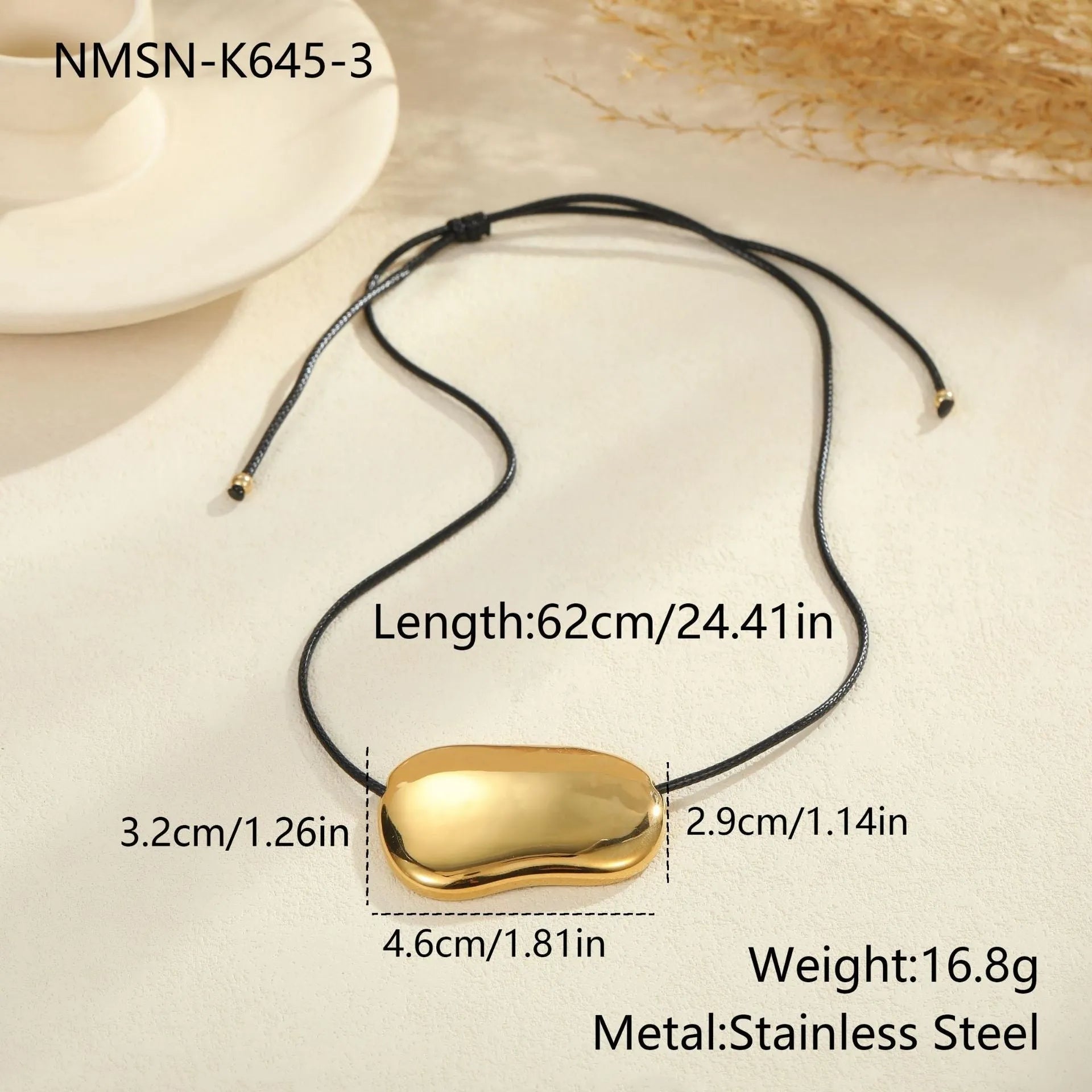 Men's black rope chain necklace with irregular geometric stainless steel pendant, adjustable 41-50cm length