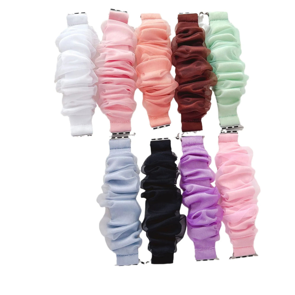 Organza hair band watch strap for Apple Watch in milky white and sky blue, 38/40/41mm and 42/44/45/49mm