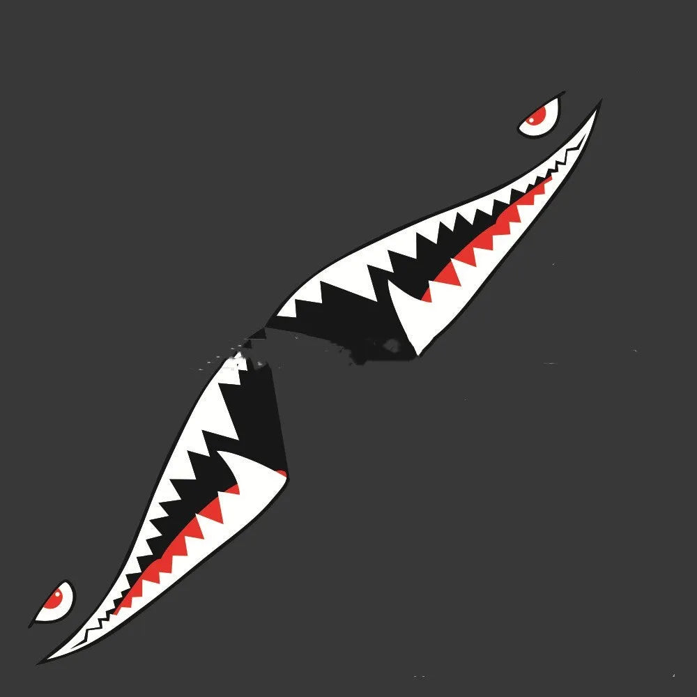 Large Shark Series PVC body sticker applied to a car door, showing dimensions and strong adhesion.