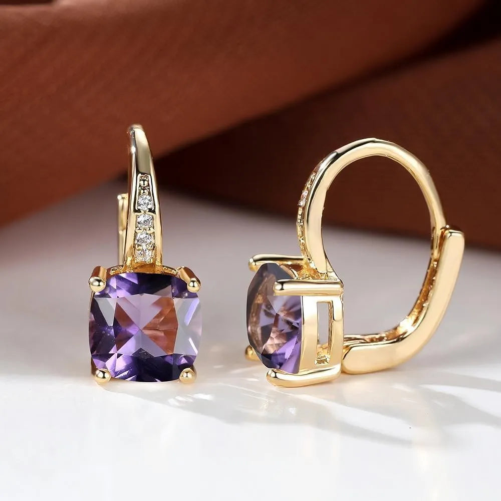 Square geometric ear hooks with round zircon inlays in gold, platinum, or rose gold finish