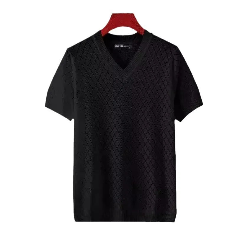 Men's black ice silk V-neck t-shirt with short sleeves on a hanger.
