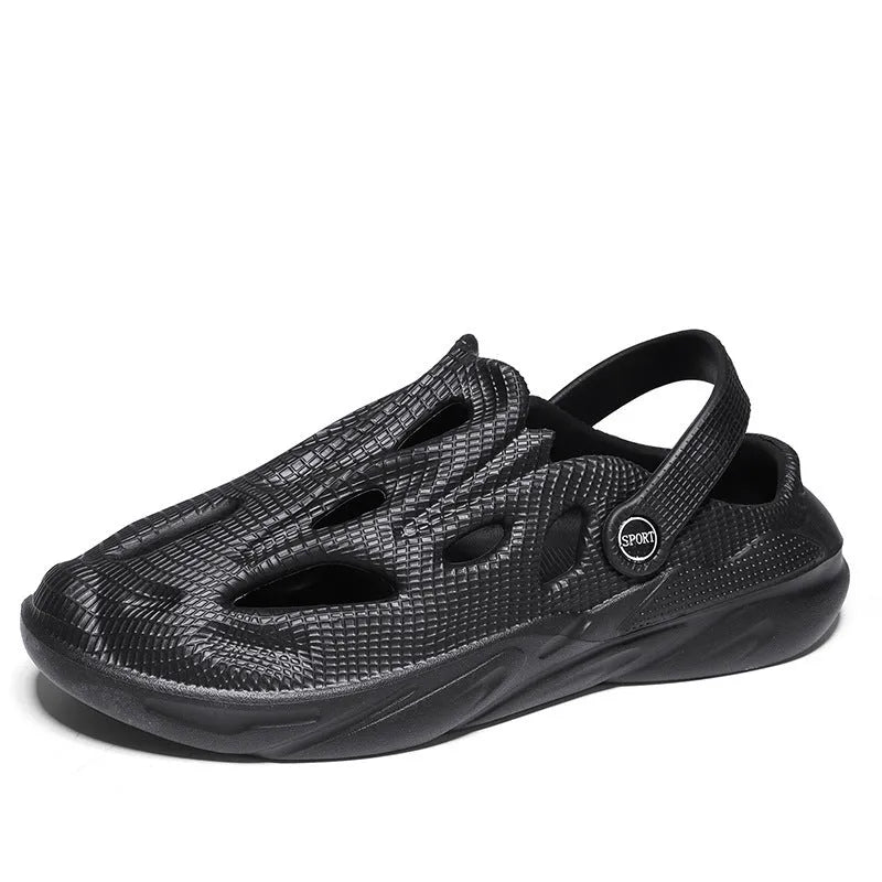 Men's breathable hollow EVA slippers in black with round toe and flat heel