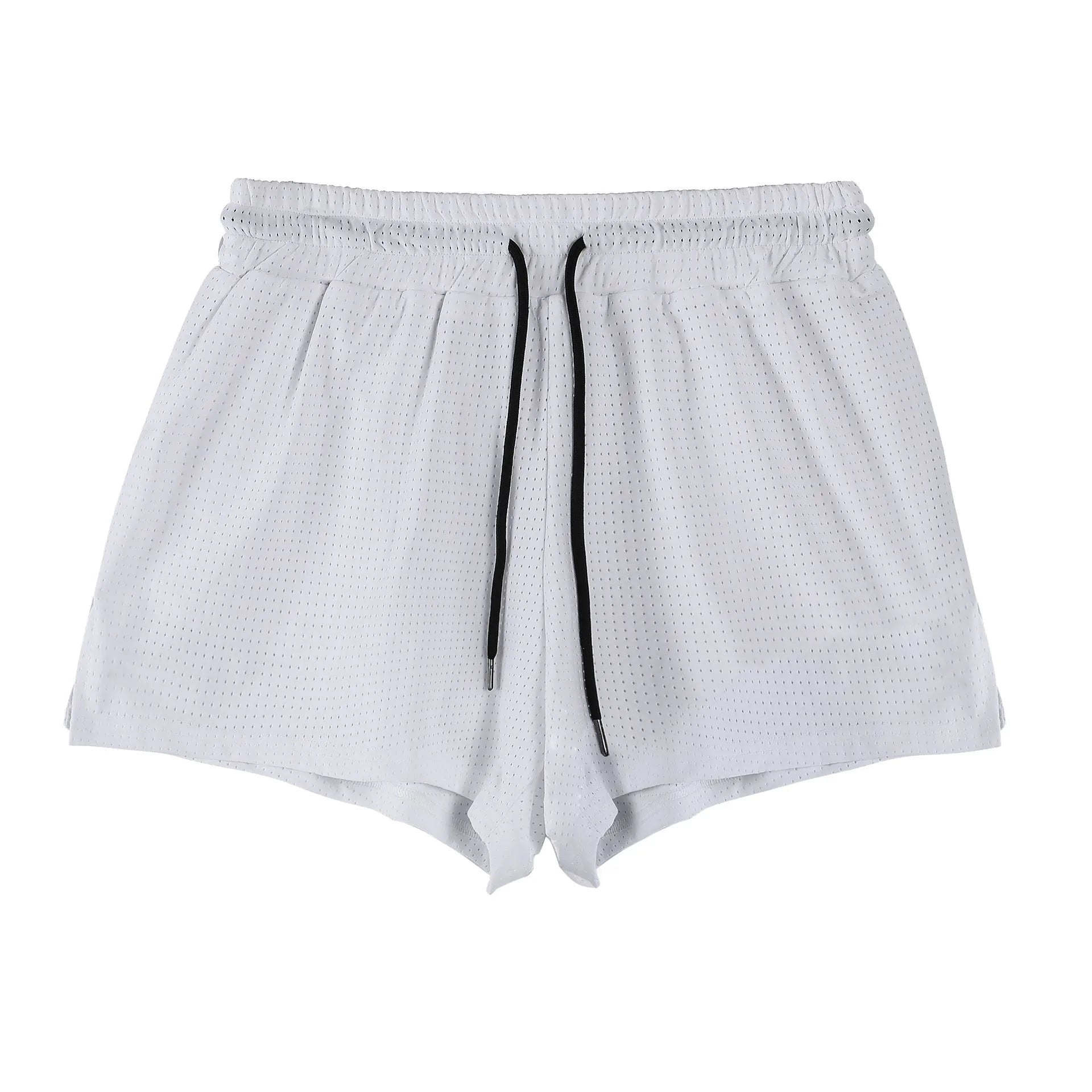 Men's black quick-drying nylon sports shorts on a mid waist, laid flat.