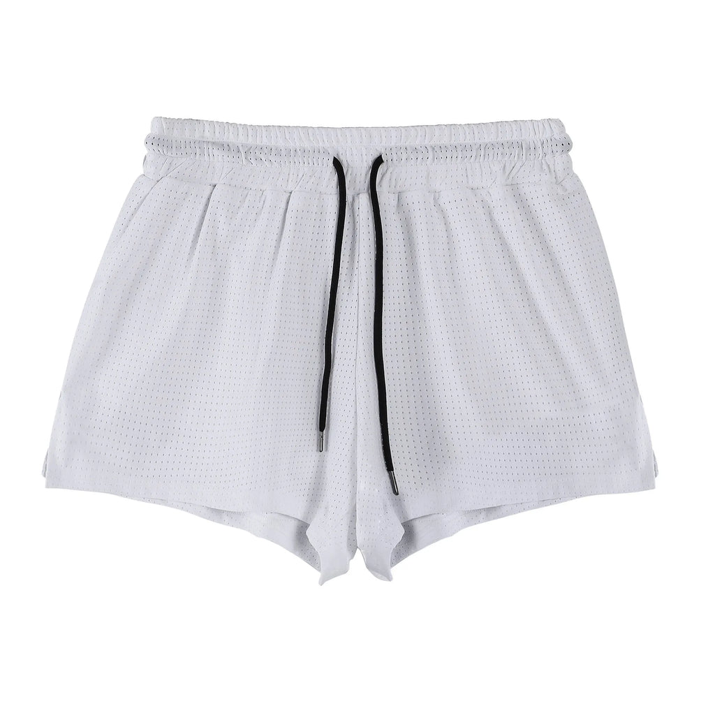 Men's white and black quick-drying nylon summer shorts with a mid-waist fit.